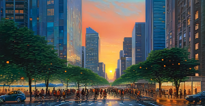 A colorful city skyline at sunset with skyscrapers and green spaces, bustling street with people and cyclists.