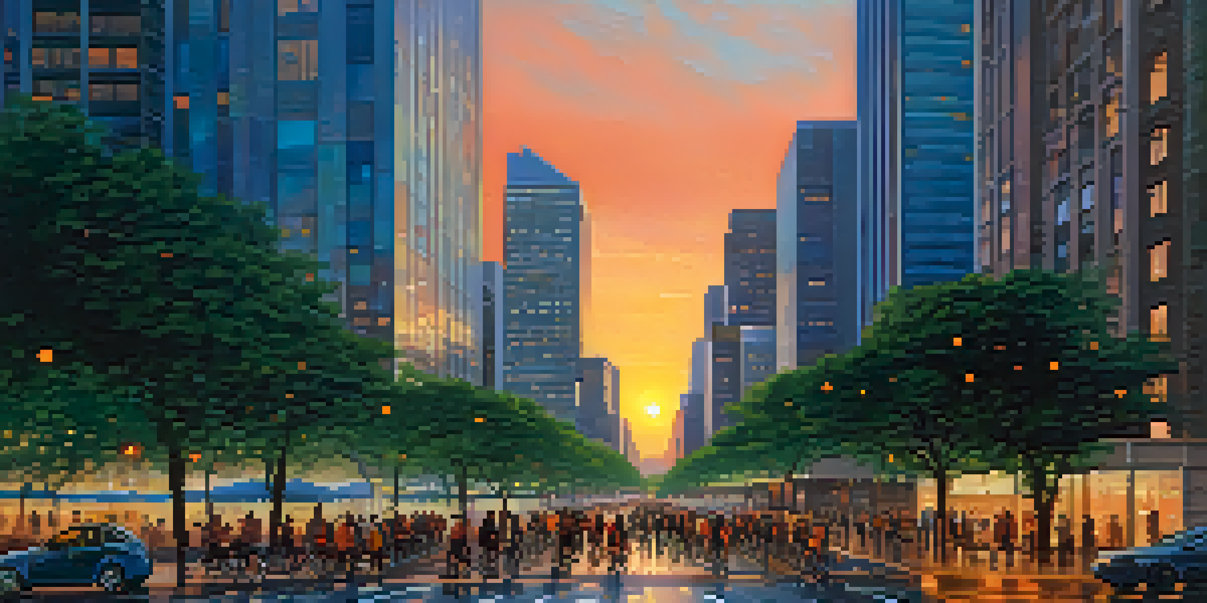 A colorful city skyline at sunset with skyscrapers and green spaces, bustling street with people and cyclists.