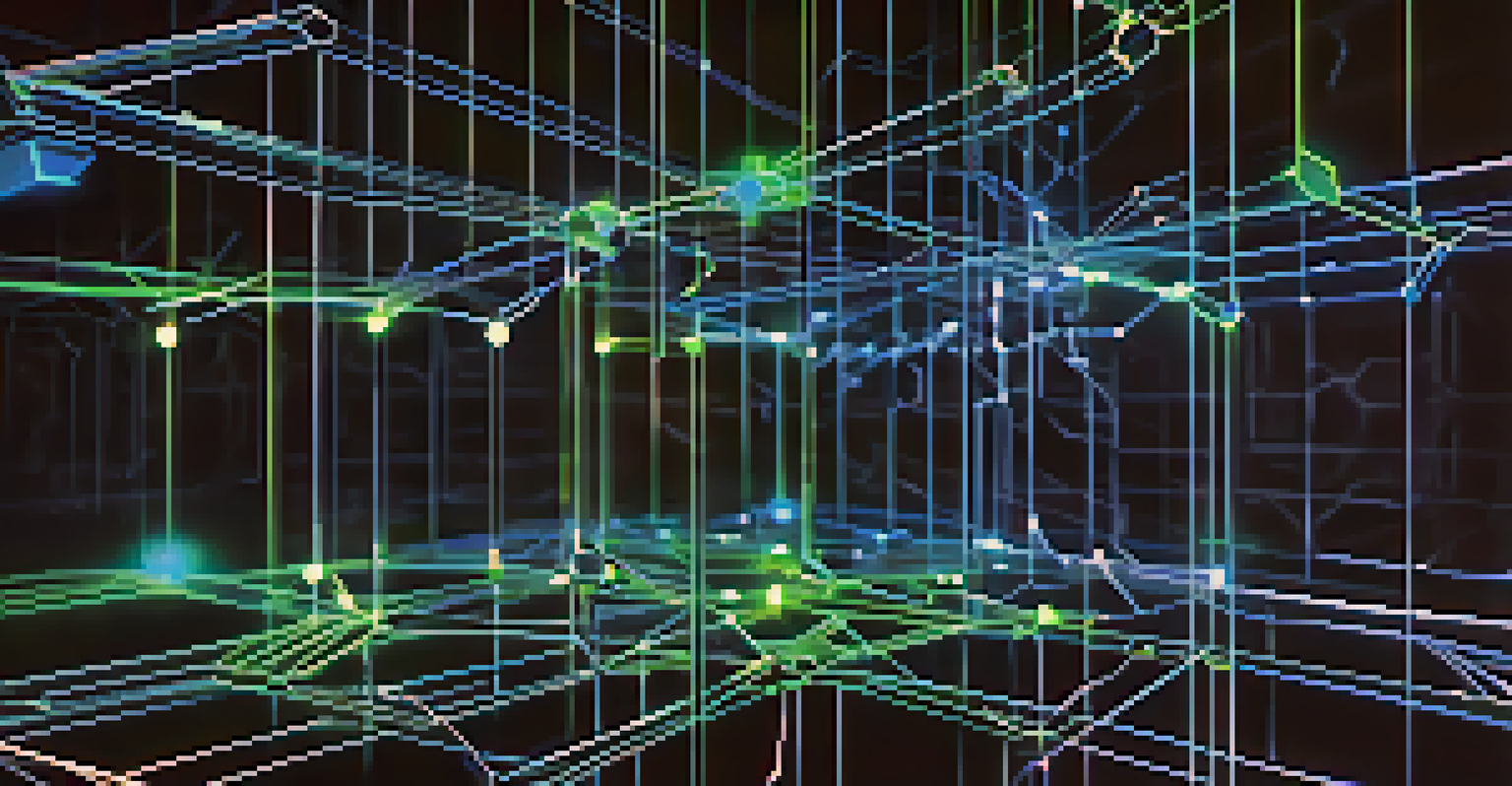 An artistic depiction of a glowing blockchain network with interconnected nodes in blue and green hues against a dark background.