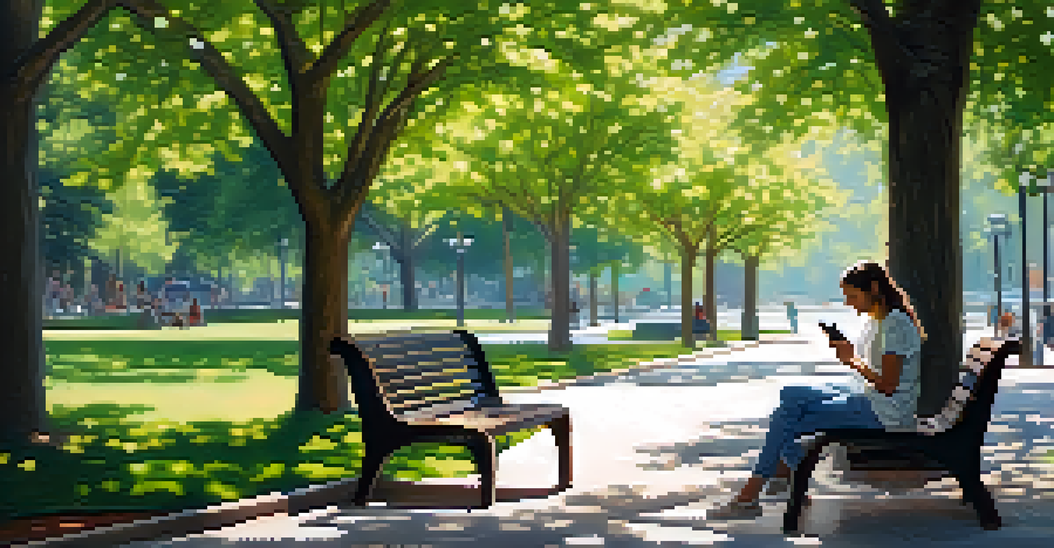A person sitting on a park bench using a smartphone, surrounded by lush greenery and flowers in a serene park.
