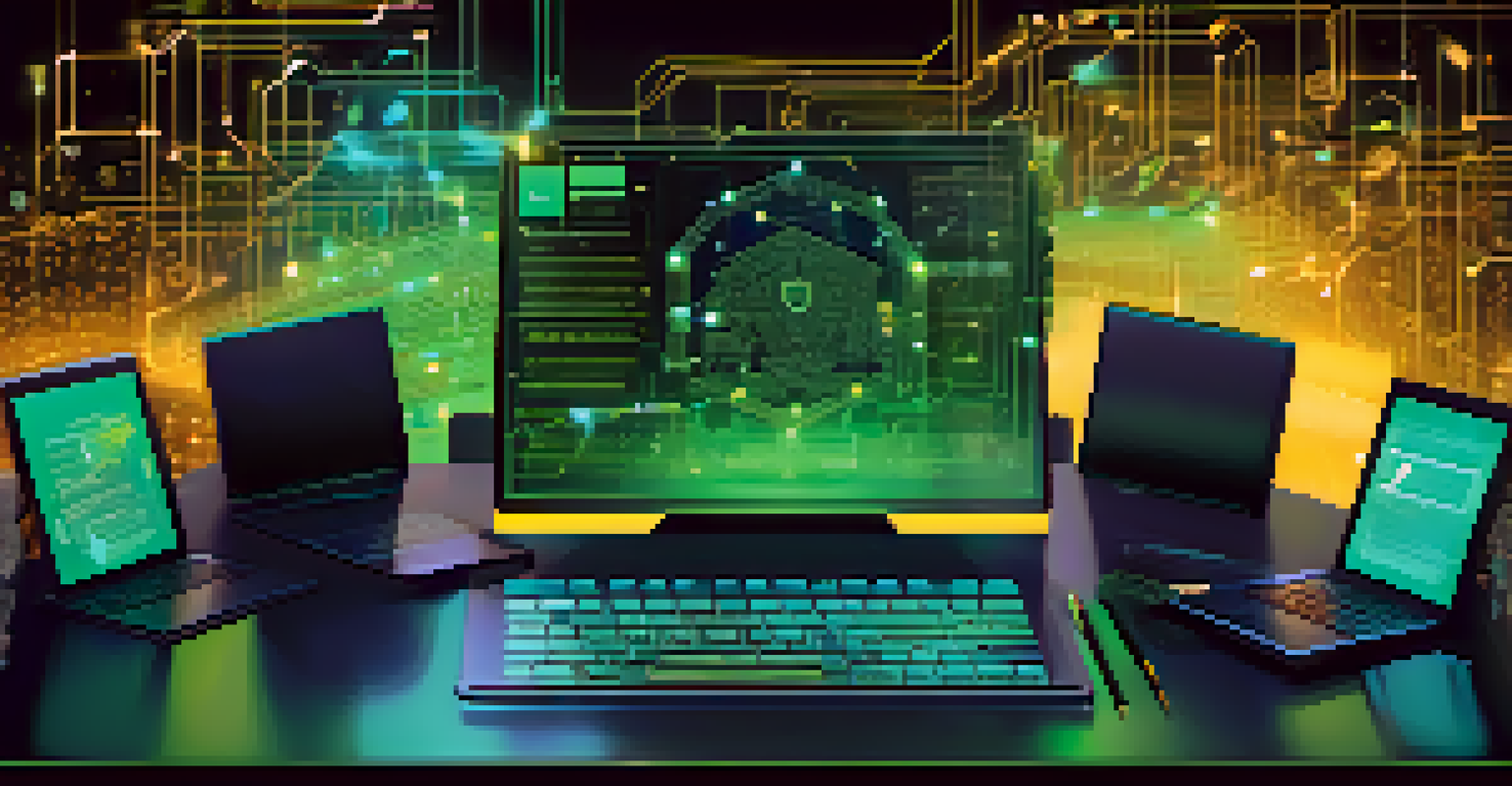 A digital document representing a smart contract, surrounded by security symbols and abstract blockchain representations.