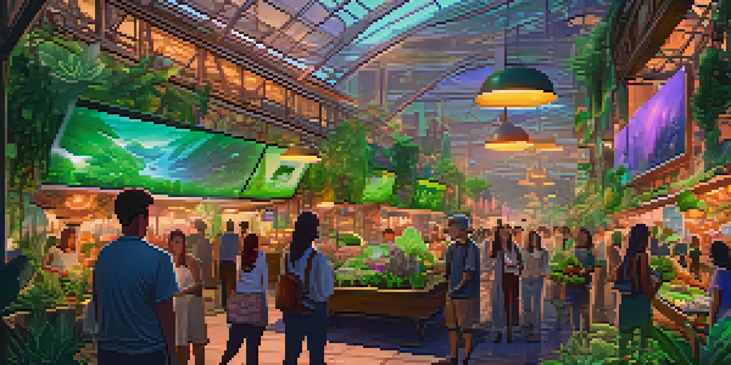 A lively NFT marketplace filled with screens displaying colorful digital art, surrounded by green plants, emphasizing sustainability.
