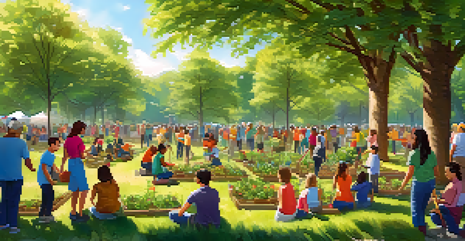 A diverse group of people planting trees in a sunny park, surrounded by greenery and flowers.