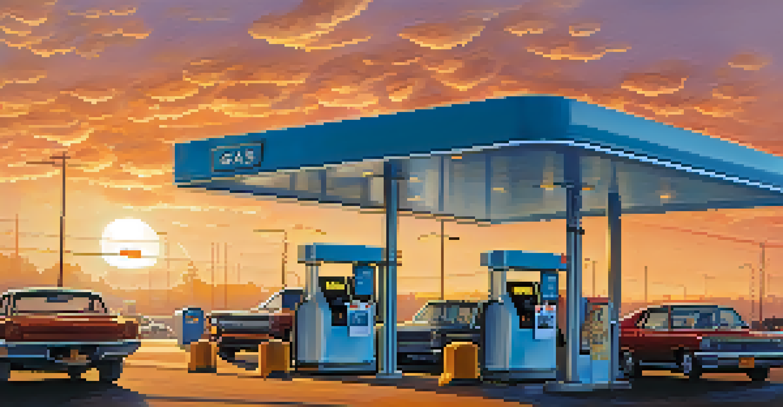A highway toll booth with Ethereum symbols, depicting gas fees as cars drive through under a sunset.