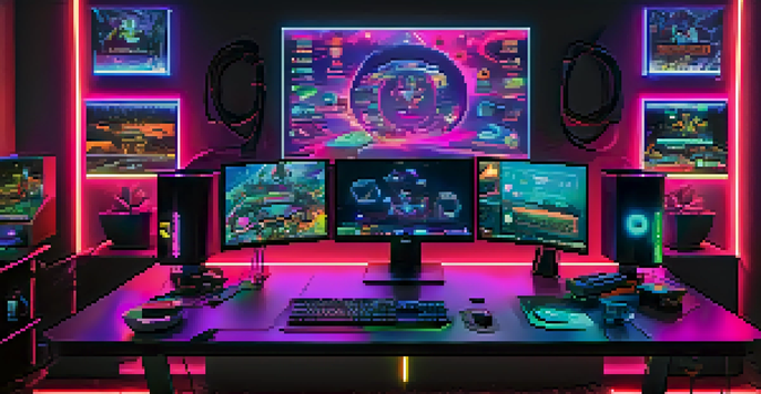 A high-tech gaming desk with multiple monitors displaying blockchain graphics, illuminated by neon lights.
