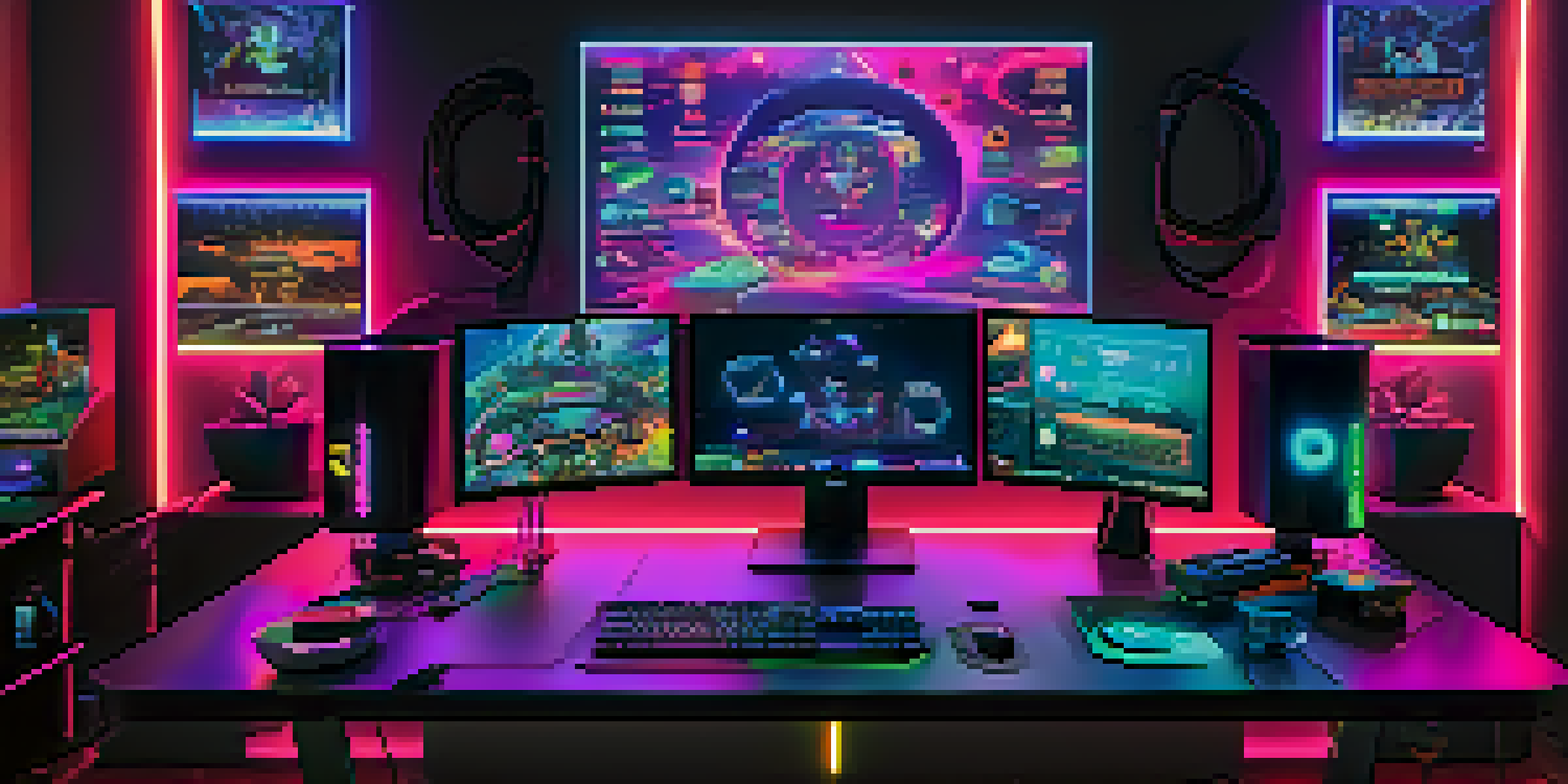 A high-tech gaming desk with multiple monitors displaying blockchain graphics, illuminated by neon lights.