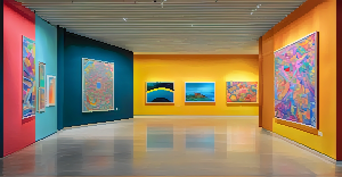 A digital art gallery filled with screens displaying vibrant NFT artworks in various styles. Visitors are admiring the art under soft ambient lighting.