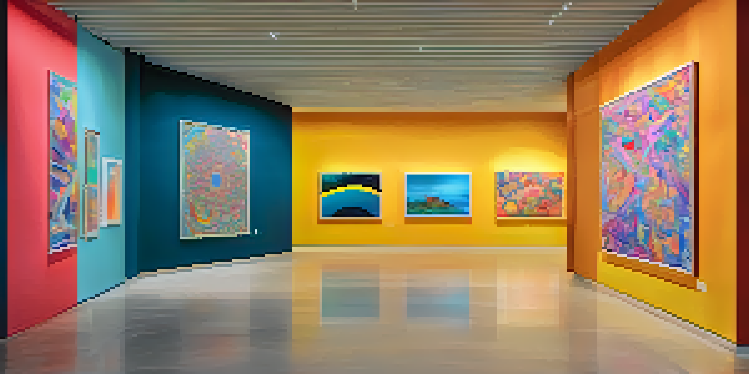A digital art gallery filled with screens displaying vibrant NFT artworks in various styles. Visitors are admiring the art under soft ambient lighting.