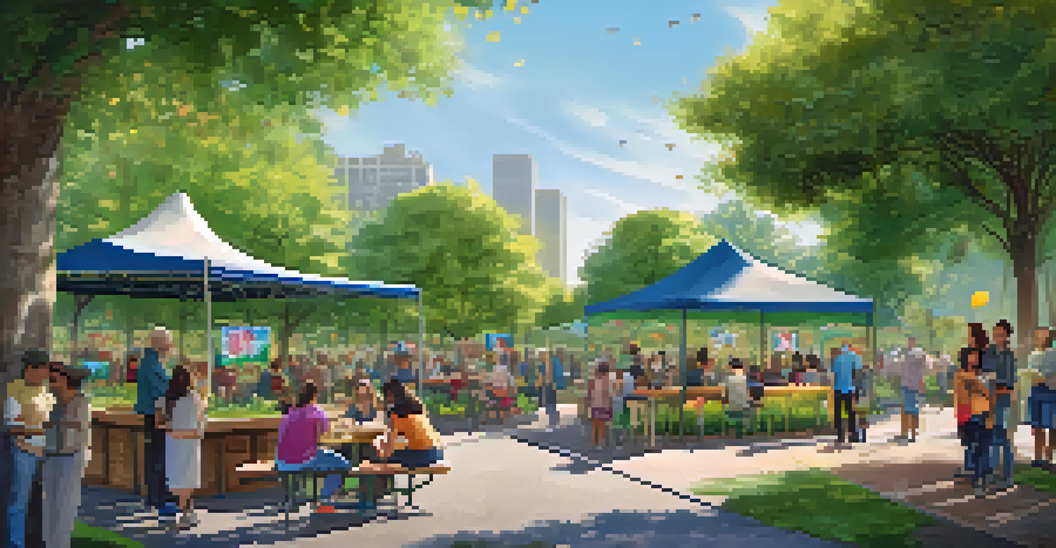 Residents in a community park discussing crowdfunding initiatives for local projects, surrounded by greenery.