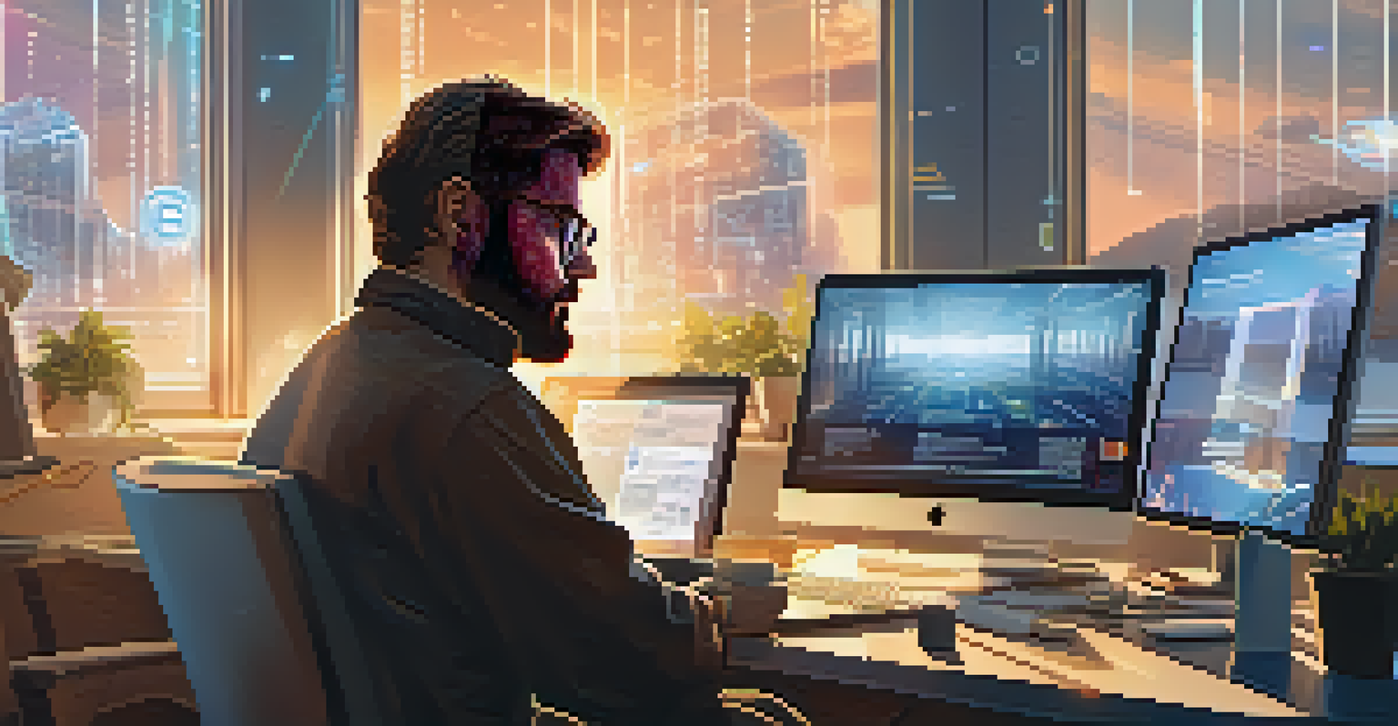 An author working at a desk with floating digital screens showing smart contracts, illuminated by warm sunlight.