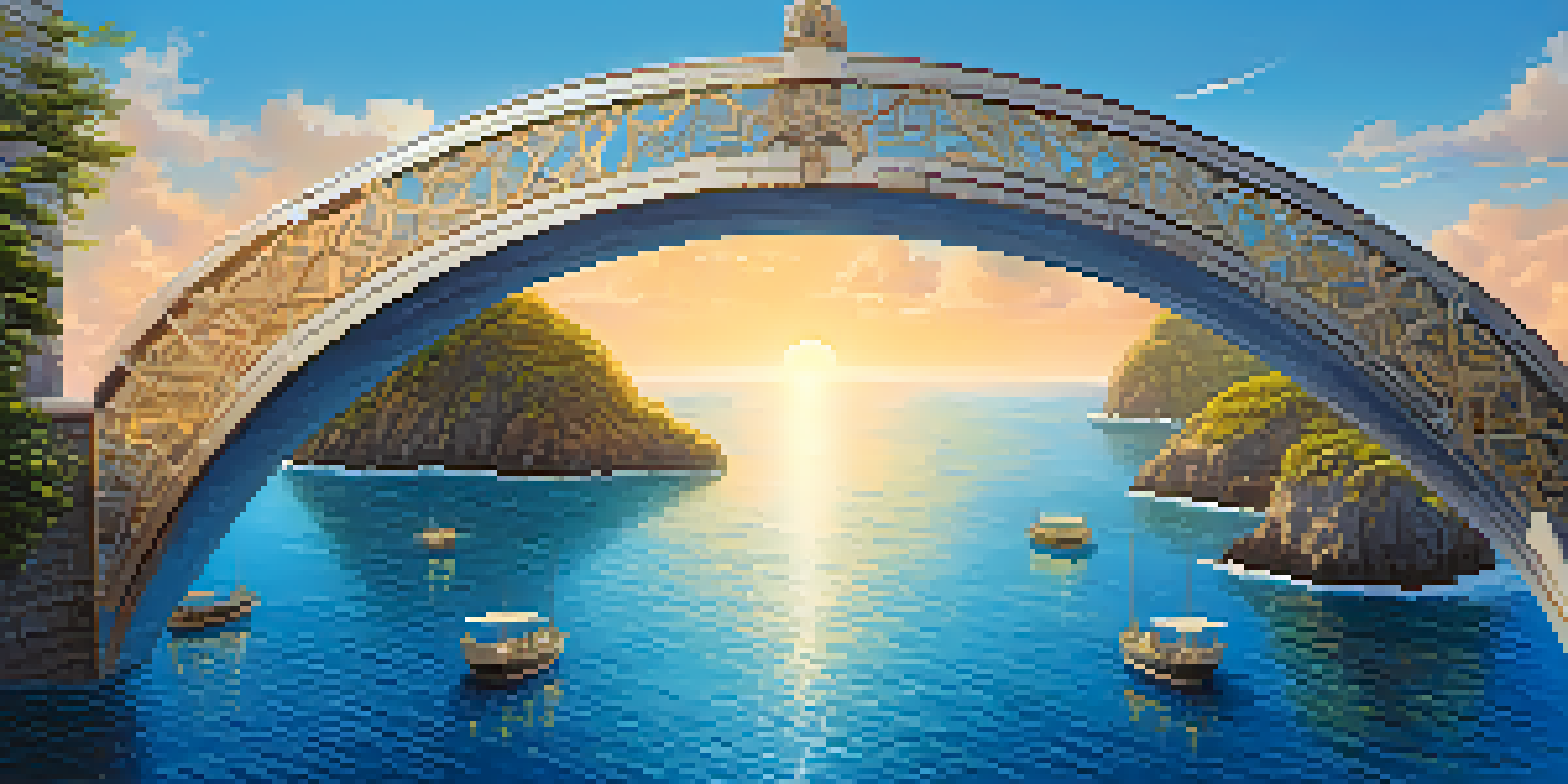 A glowing blockchain bridge connecting two islands with digital tokens flowing between them in a serene ocean setting.