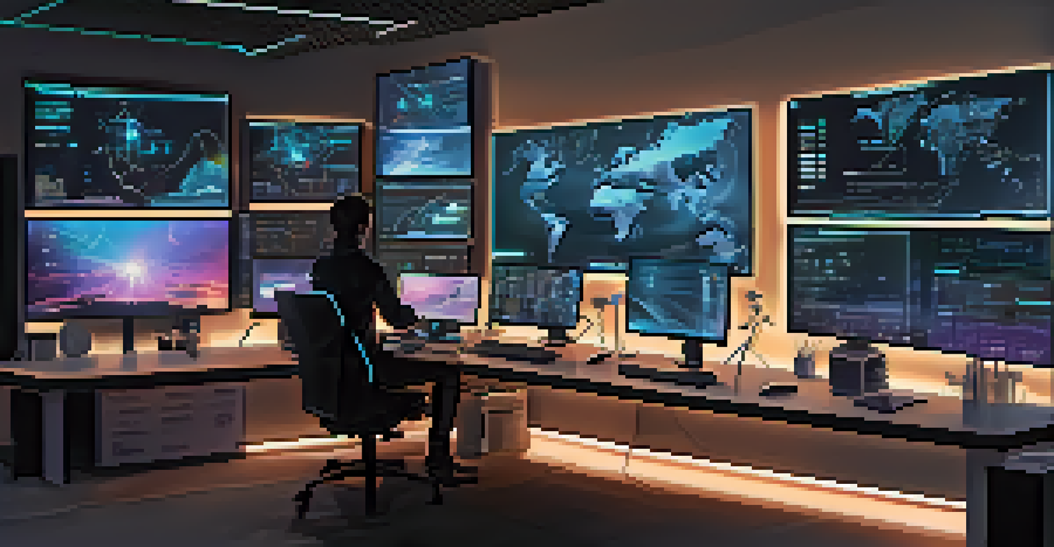 A developer in a modern workspace analyzing Ethereum code on multiple screens, surrounded by high-tech gadgets and a roadmap for future developments.
