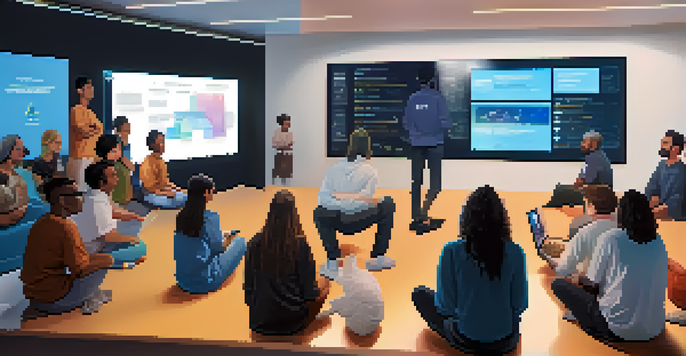A diverse group of people in a modern room, watching a video about blockchain technology on a large screen.
