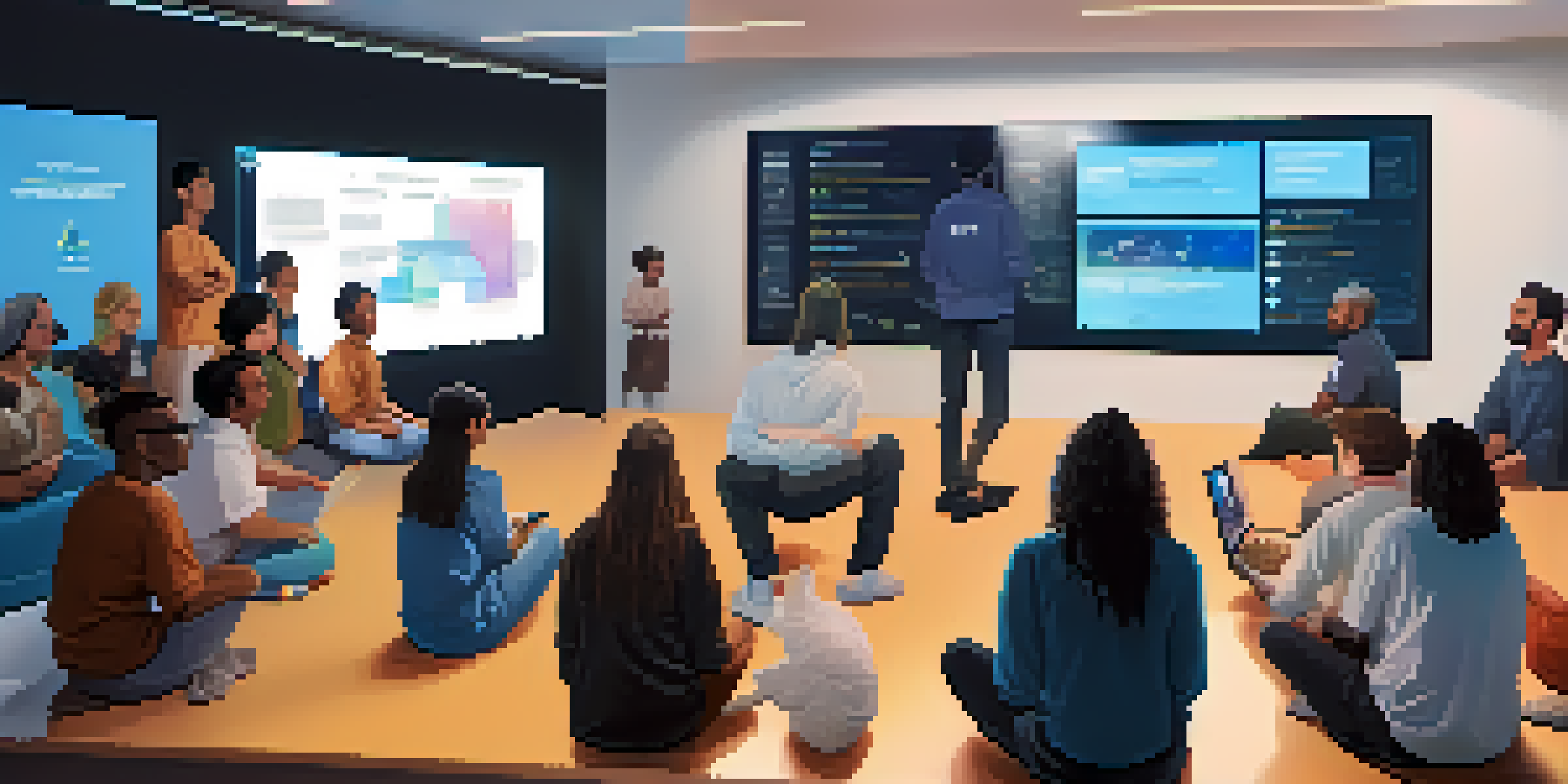 A diverse group of people in a modern room, watching a video about blockchain technology on a large screen.