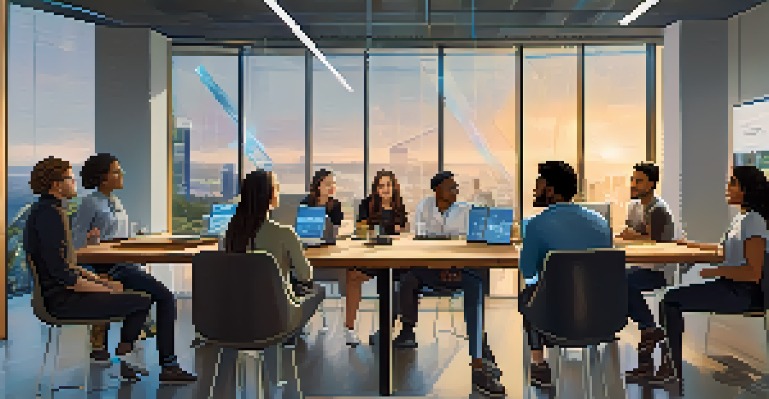 A diverse group of people discussing blockchain technology in a modern office setting with a large screen displaying visuals.