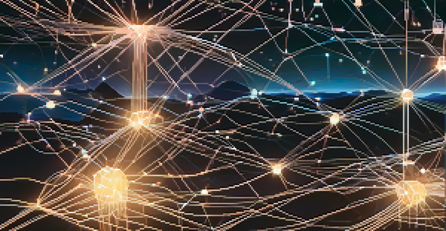 A network of glowing oracles connected by bright lines, set against a digital landscape representing blockchain technology.
