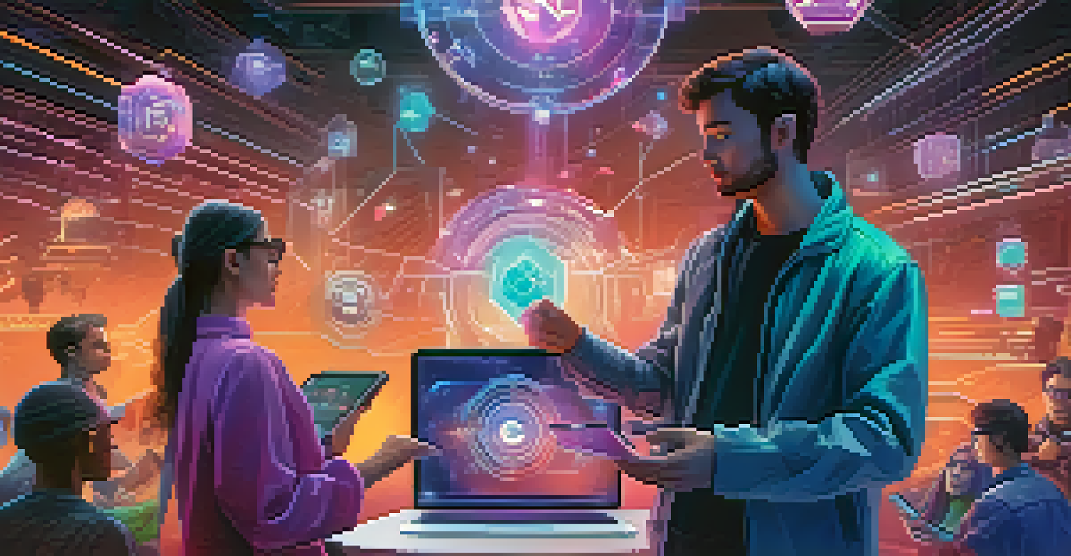 A futuristic depiction of a user interacting with a personalized holographic interface enhanced by artificial intelligence, showing diverse characters in a tech-driven environment.