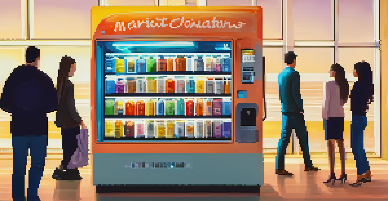 A vending machine representing smart contracts filled with donation tokens, with people observing the automated donation process.