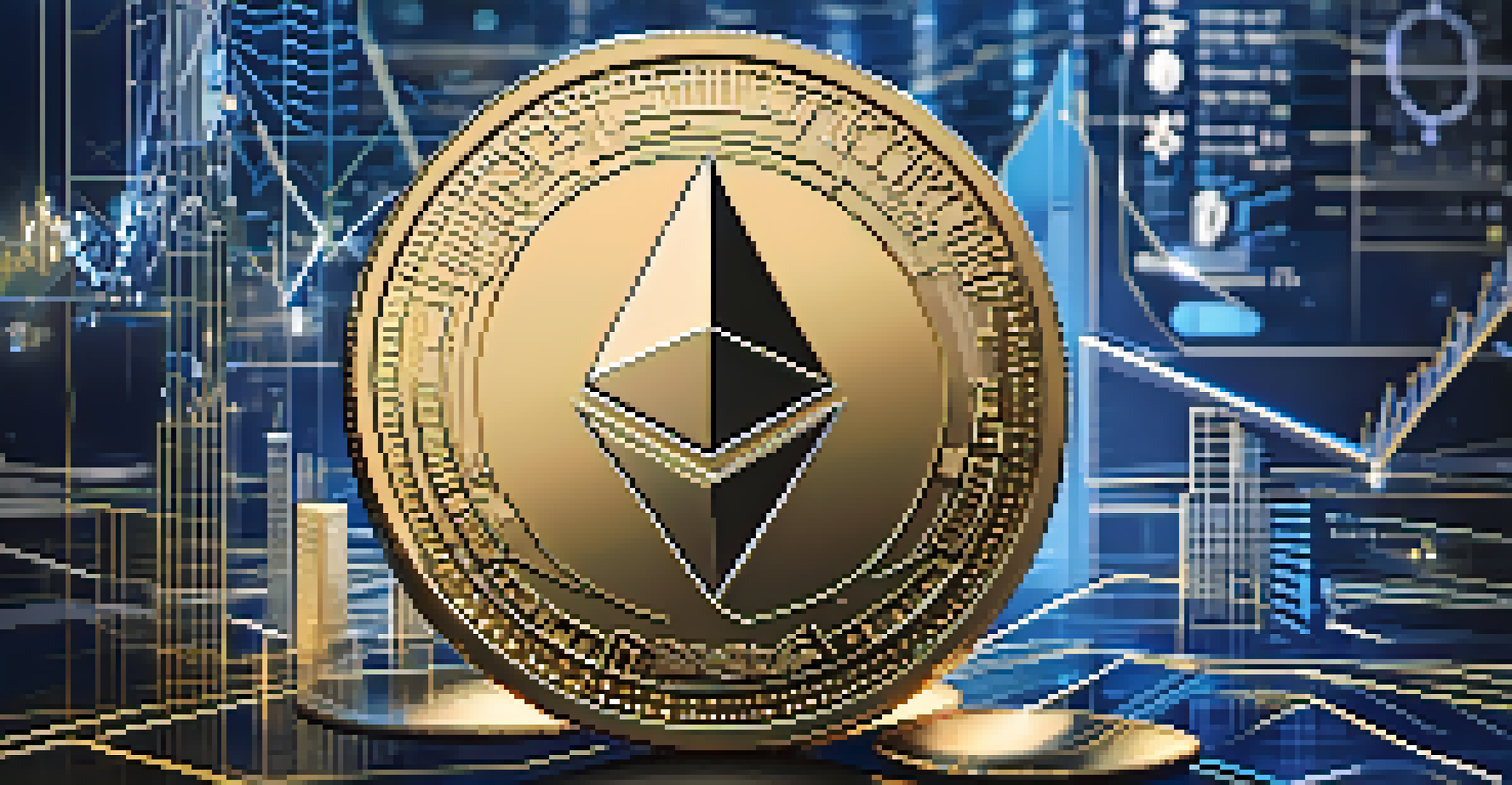 A close-up of a shiny Ethereum coin on a digital platform, surrounded by blockchain symbols and financial growth graphs.