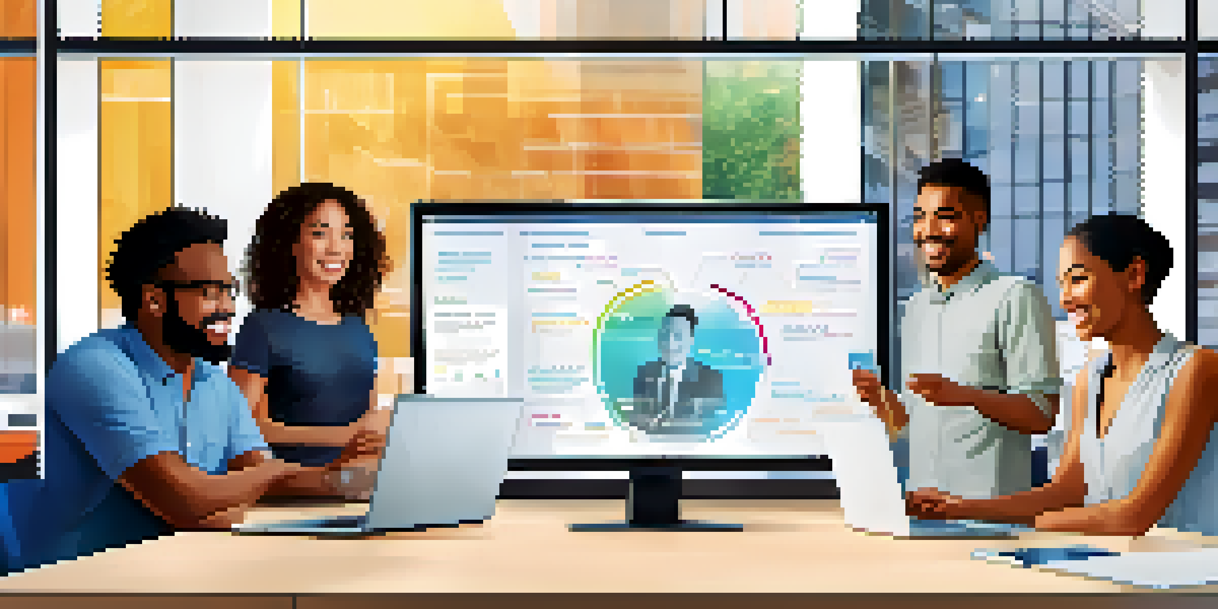 A group of diverse non-profit workers collaborating around a digital screen that displays a smart contract, with bright office lighting and smiles.