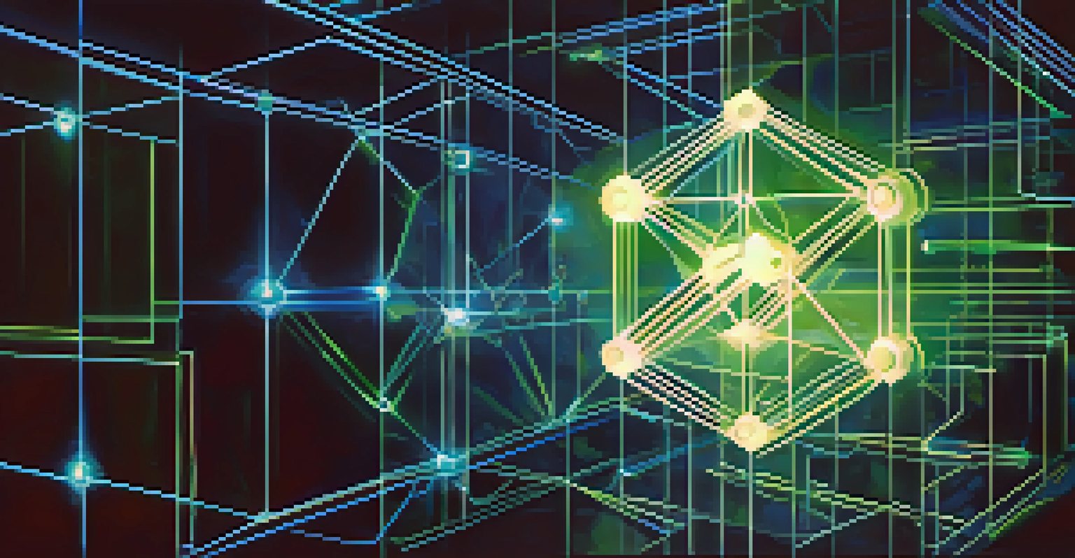 An abstract illustration of blockchain technology with interconnected geometric shapes on a dark background.