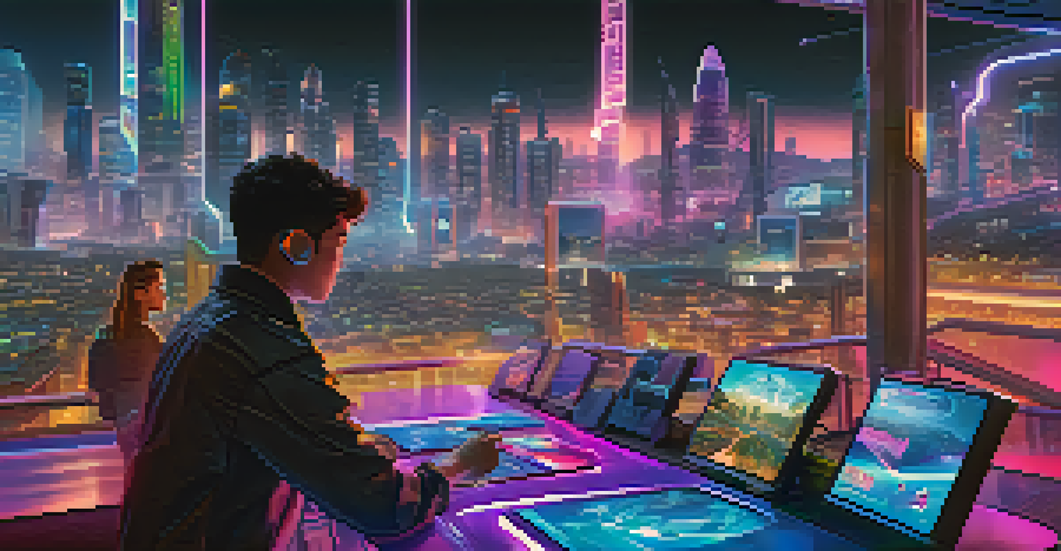 A vibrant futuristic gaming scene with players trading items in real-time, illuminated by dynamic lighting and holographic interfaces.