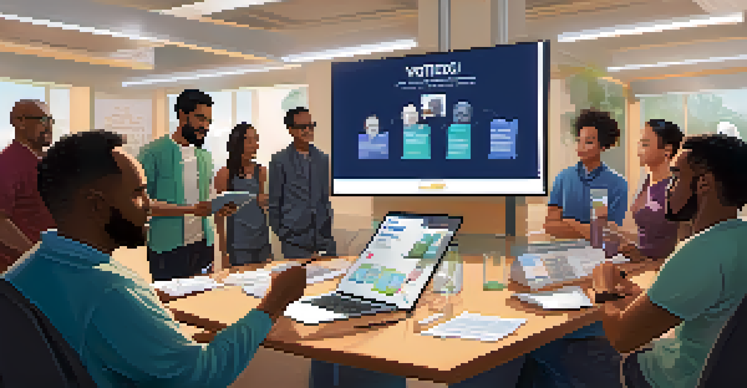 A diverse group of people attentively gathered around a digital screen, discussing and learning about decentralized voting, set in a bright and inviting environment.