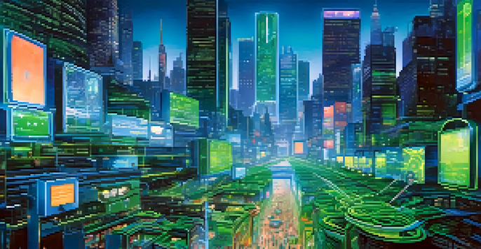 A futuristic cityscape with digital keys and locks, illuminated by blue and green lights, representing decentralized identity management.