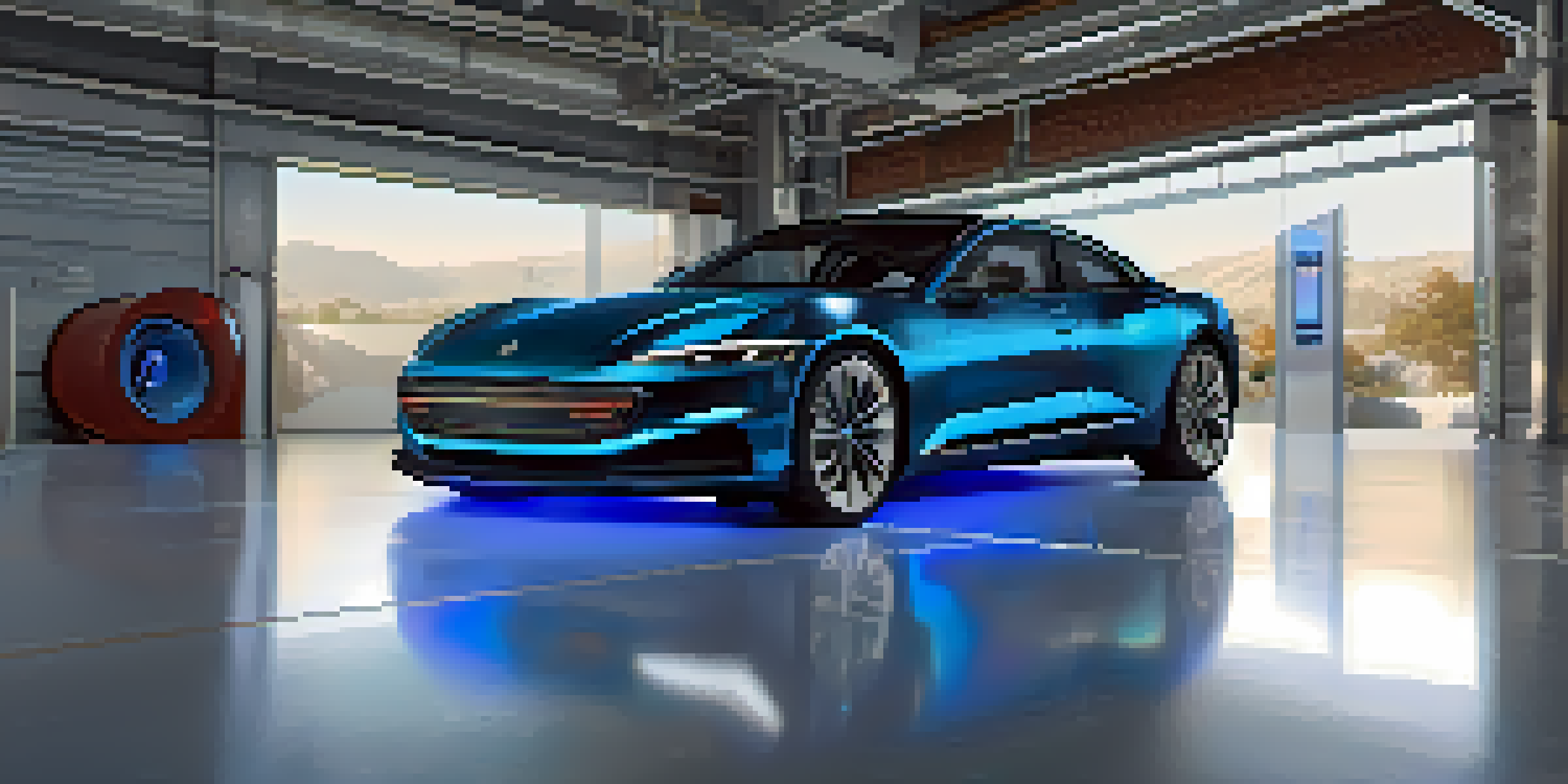 A realistic rendering of a car split into a physical and digital twin representation, showcasing detailed components and data streams.