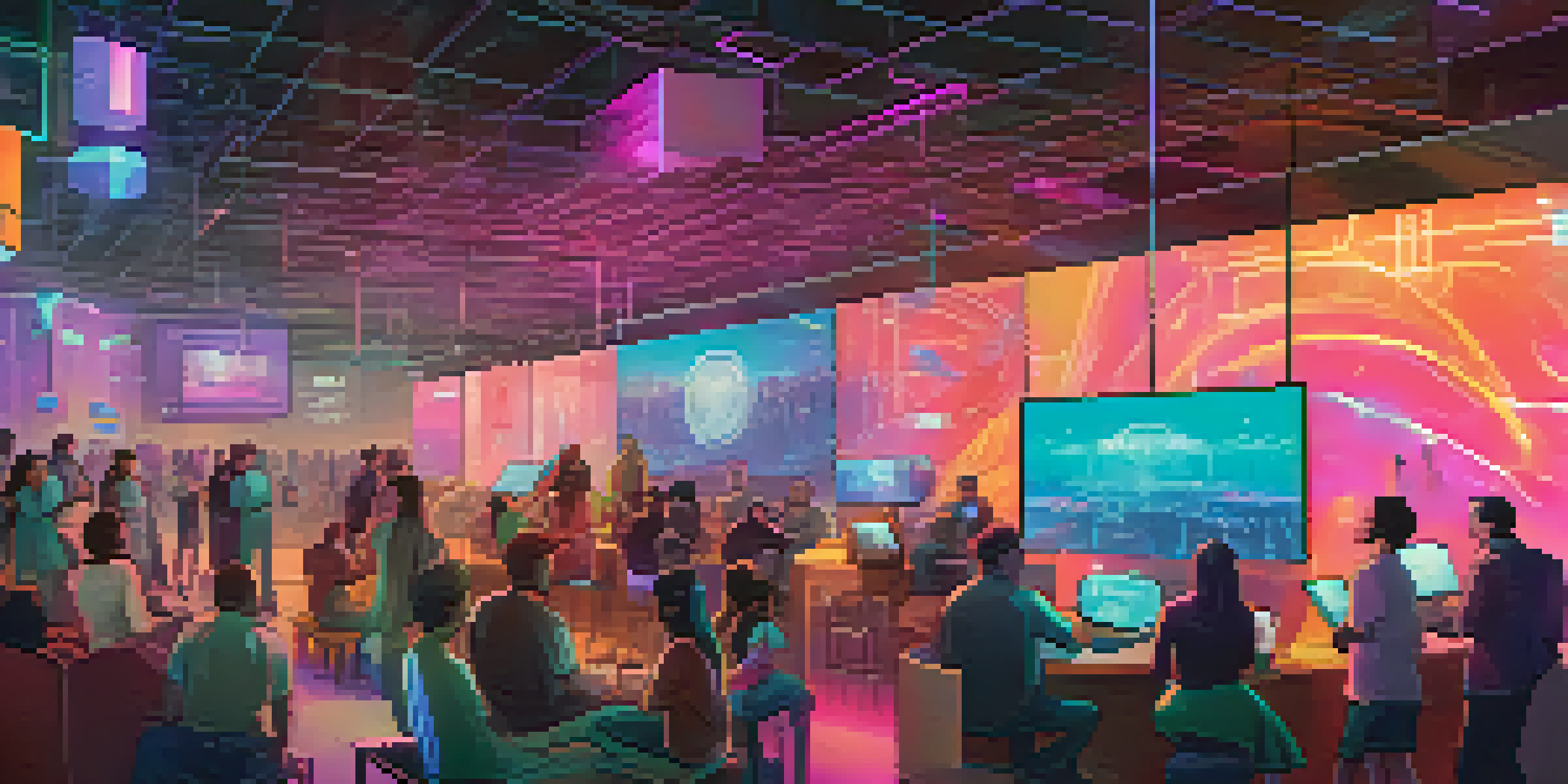 A diverse group of people at a futuristic crowdfunding event, with digital screens and colorful lighting.