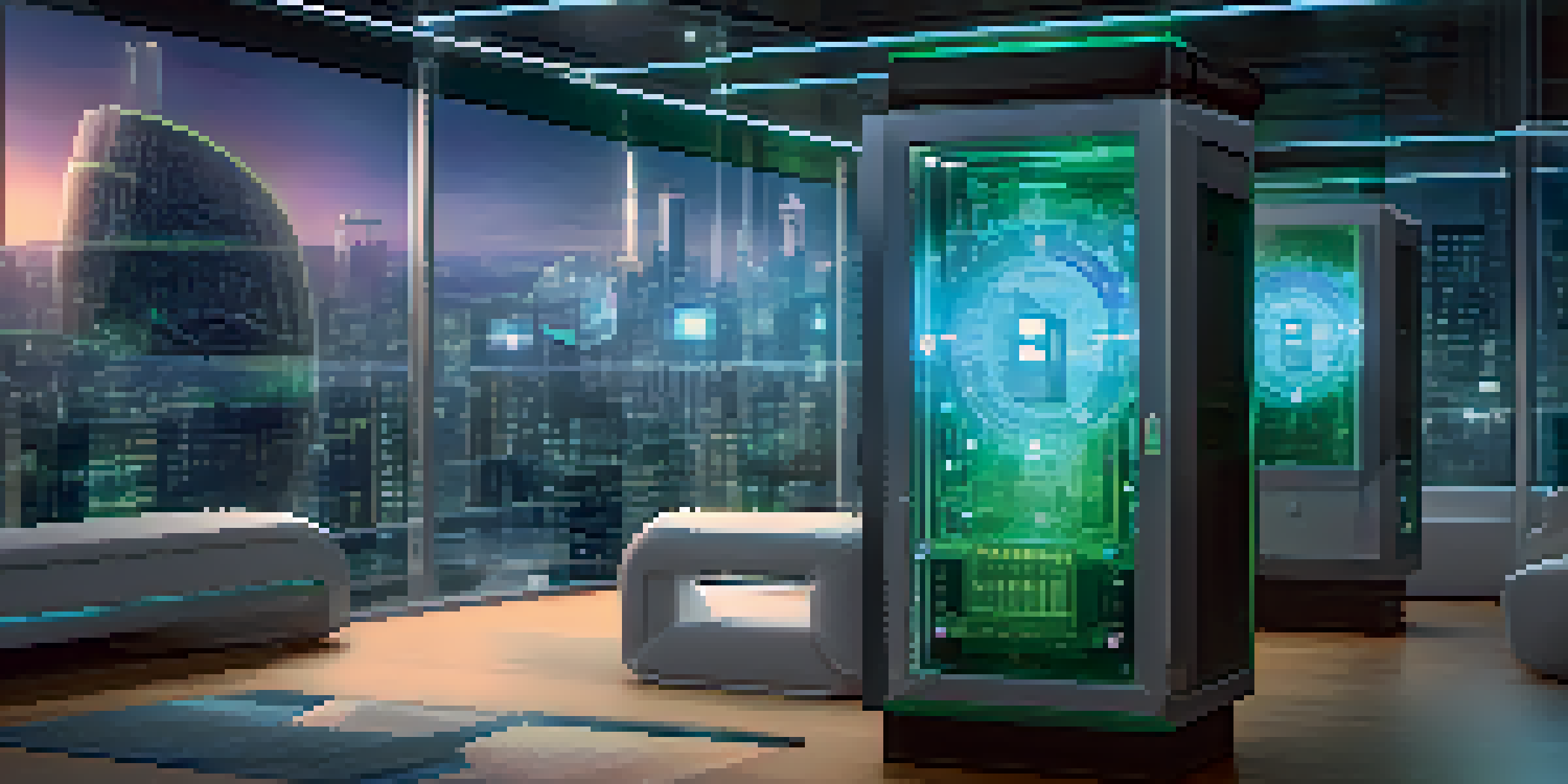 A futuristic landscape with a transparent safe in the foreground, glowing lock, and a cityscape in the background, representing time-lock mechanisms in blockchain.