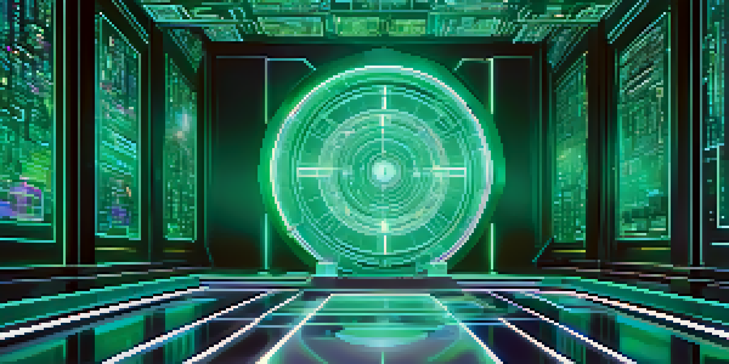 A glowing personal vault in a digital landscape with holographic documents representing identity, surrounded by blockchain elements.