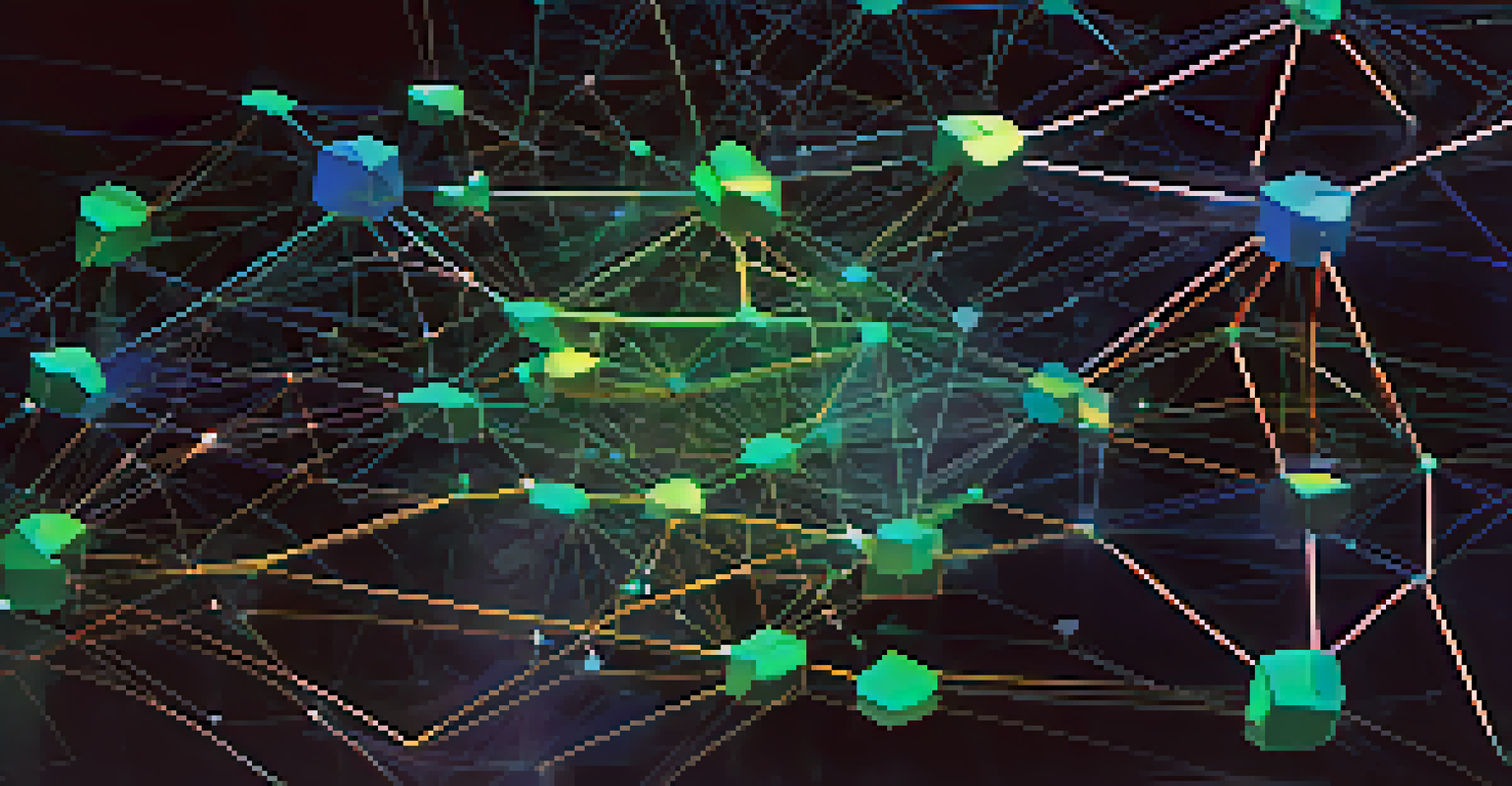 A close-up view of a glowing blockchain network with interconnected nodes and icons representing insurance concepts.