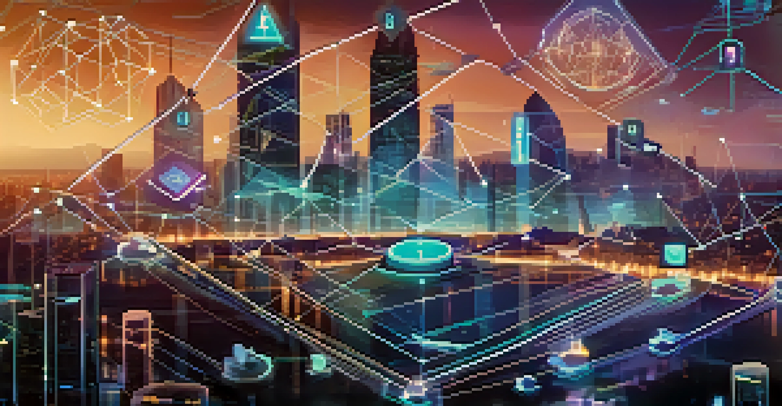 A digital screen displaying a smart contract with trust symbols, set against a futuristic city skyline representing the gig economy.