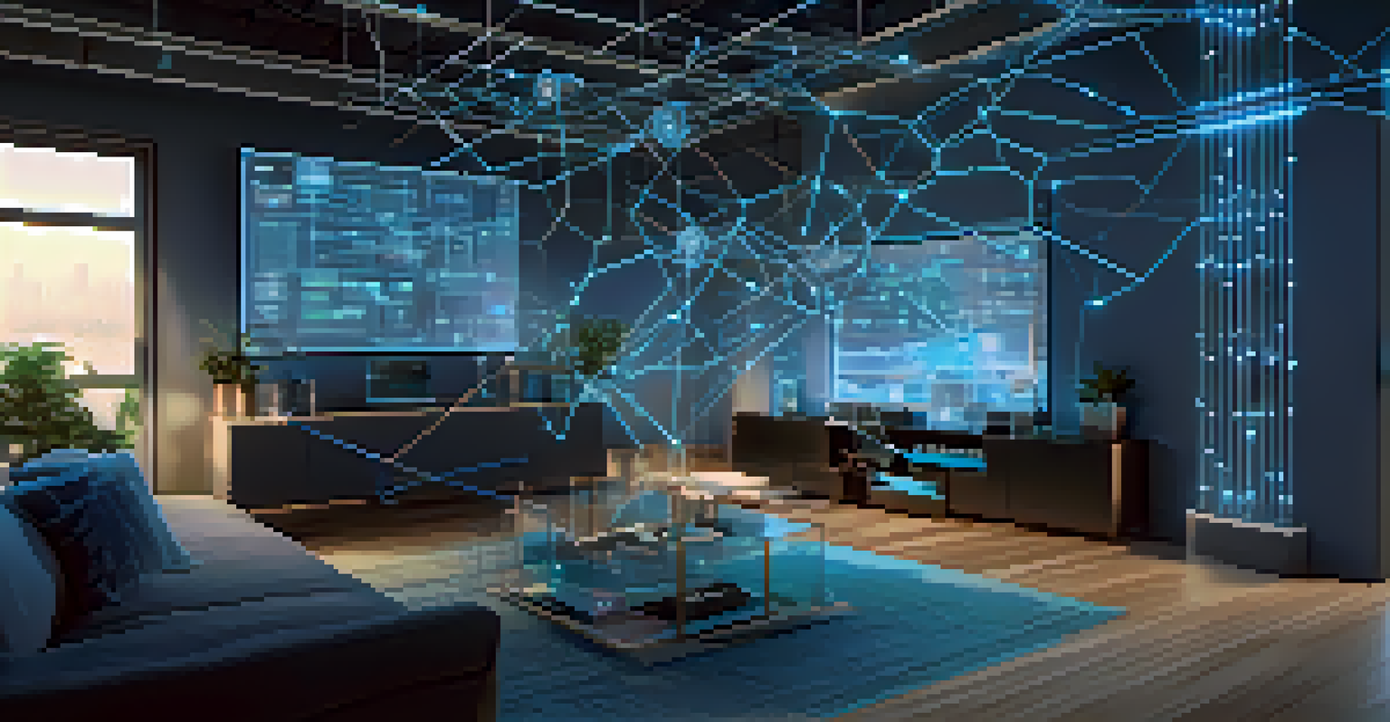 An abstract representation of Ethereum's blockchain technology with IoT devices and glowing connections symbolizing data exchange.