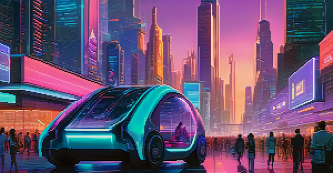 A futuristic city with glowing skyscrapers and people using holographic displays for digital currency exchange.