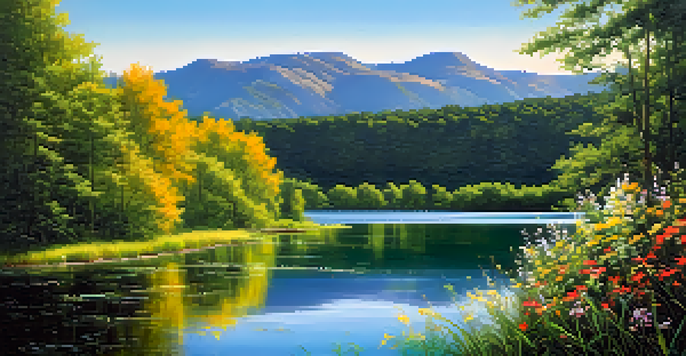 A peaceful lake scene with green forests and blooming wildflowers under a sunny sky.