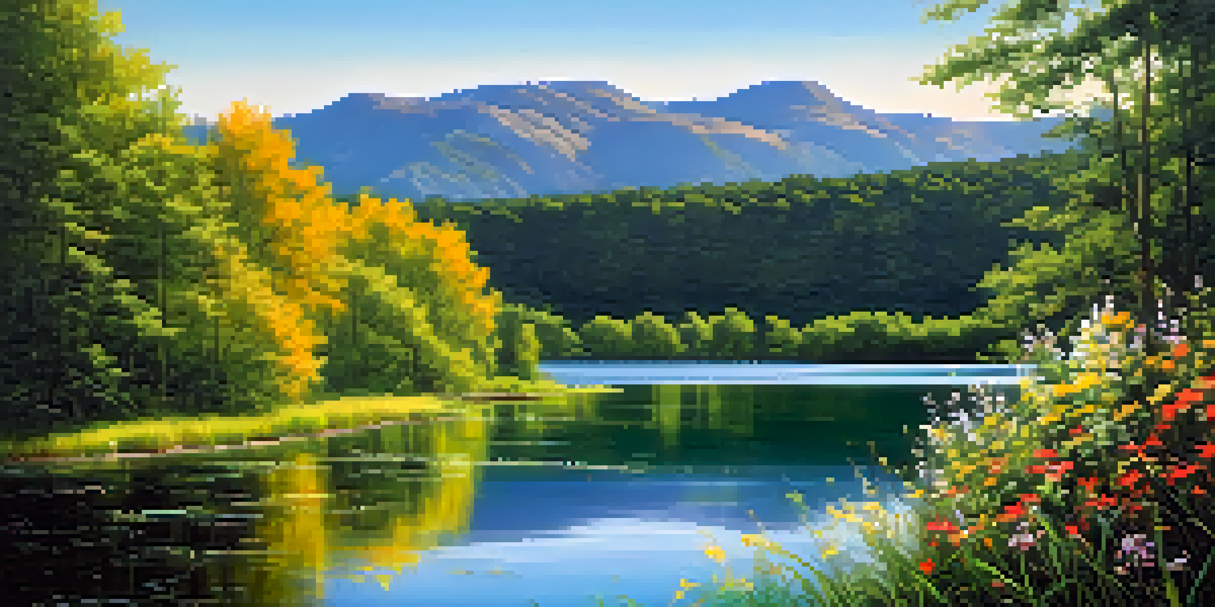 A peaceful lake scene with green forests and blooming wildflowers under a sunny sky.