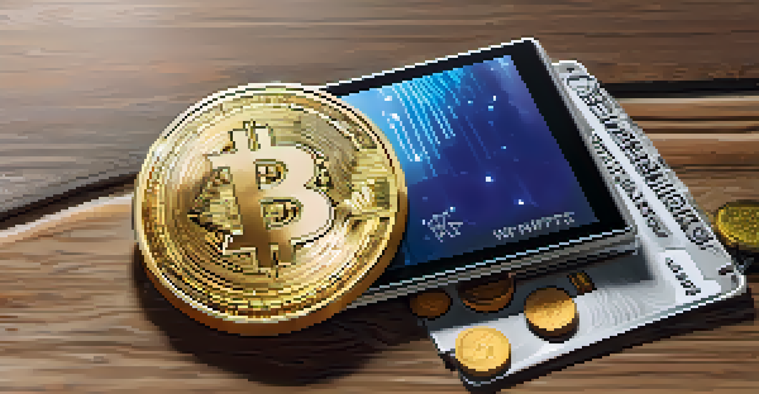 A close-up of a hardware wallet on a wooden desk, showcasing its digital interface and surrounding cryptocurrency coins.