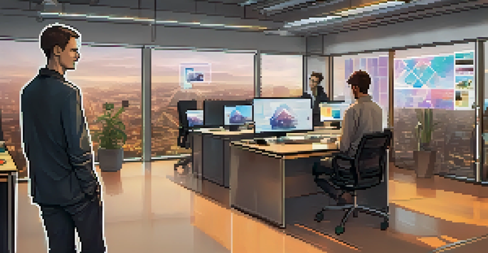 Vitalik Buterin in a modern office discussing blockchain technology with developers, surrounded by Ethereum-related artwork and screens.