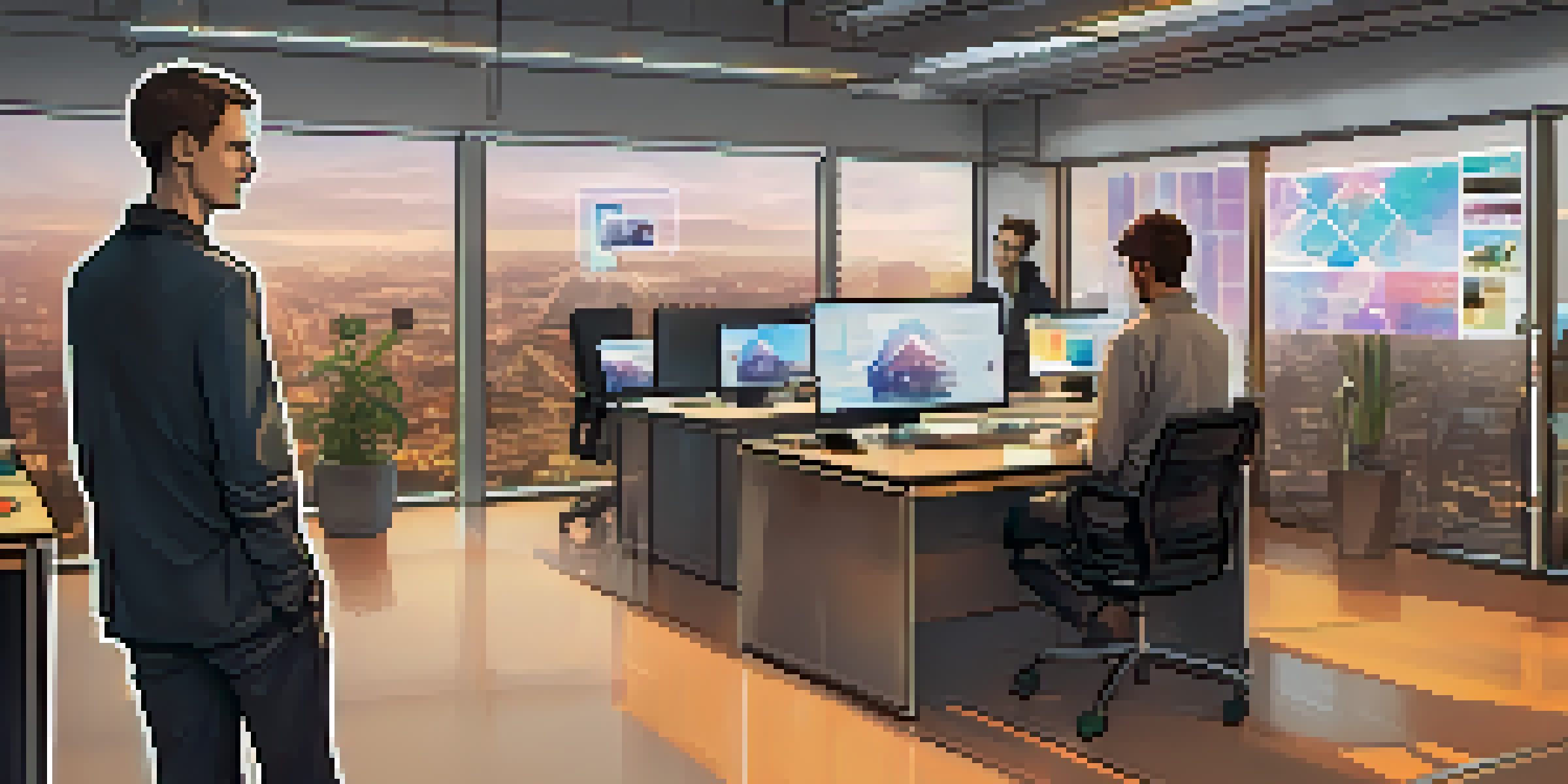 Vitalik Buterin in a modern office discussing blockchain technology with developers, surrounded by Ethereum-related artwork and screens.