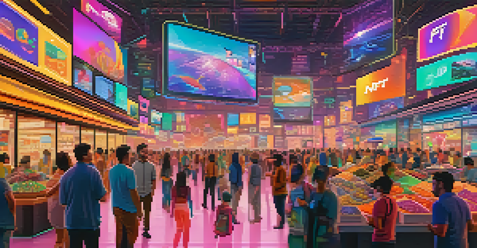 A lively NFT marketplace filled with avatars trading digital art, colorful banners, and holographic displays, reflecting the excitement of the NFT ecosystem.