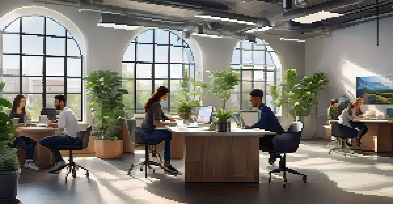 Employees collaborating in a bright, modern workspace with laptops and plants.