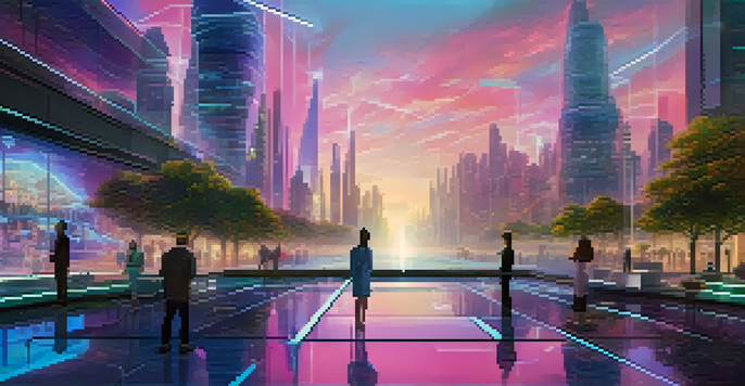 Futuristic city with individuals controlling their digital identities through holographic interfaces, illuminated by ambient lighting.