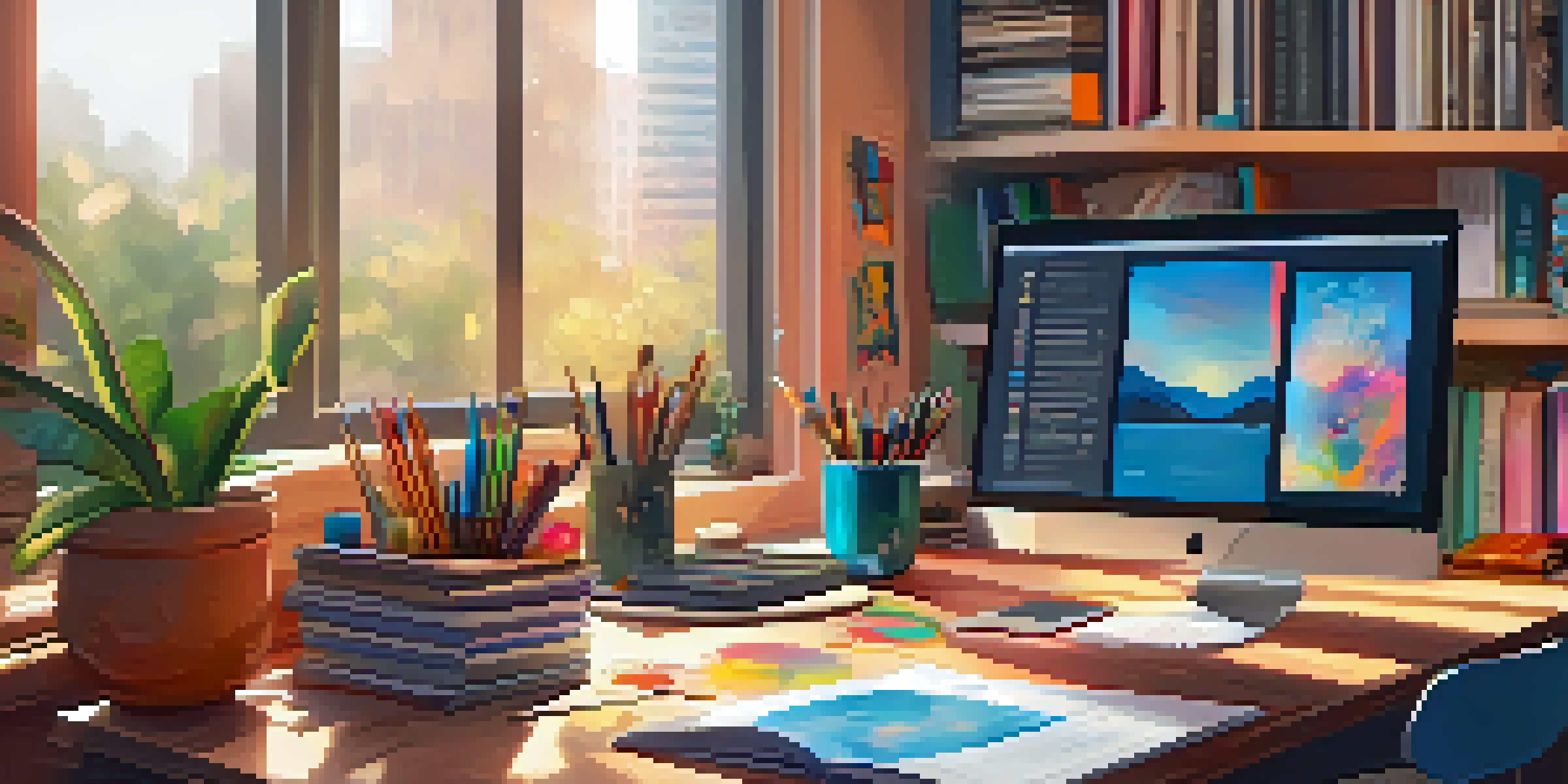 A creative workspace with a digital tablet showing NFT art, colorful sketches, and design tools illuminated by warm natural light.