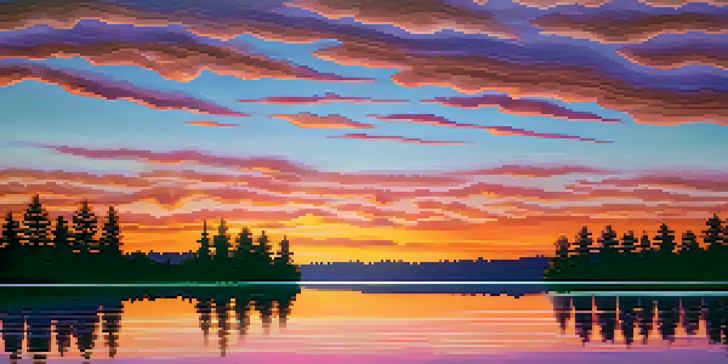 A peaceful lake at sunset with colorful reflections in the water and silhouetted trees along the shore.