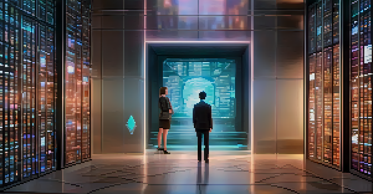 A person in front of a holographic vault managing their digital identity with a high-tech cityscape behind them.