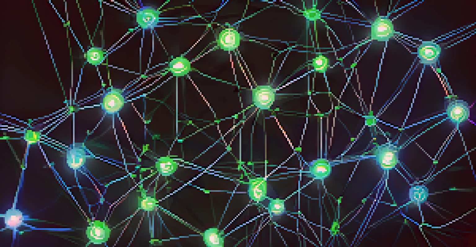 A detailed visualization of a blockchain network with glowing nodes and connecting lines on a dark background.