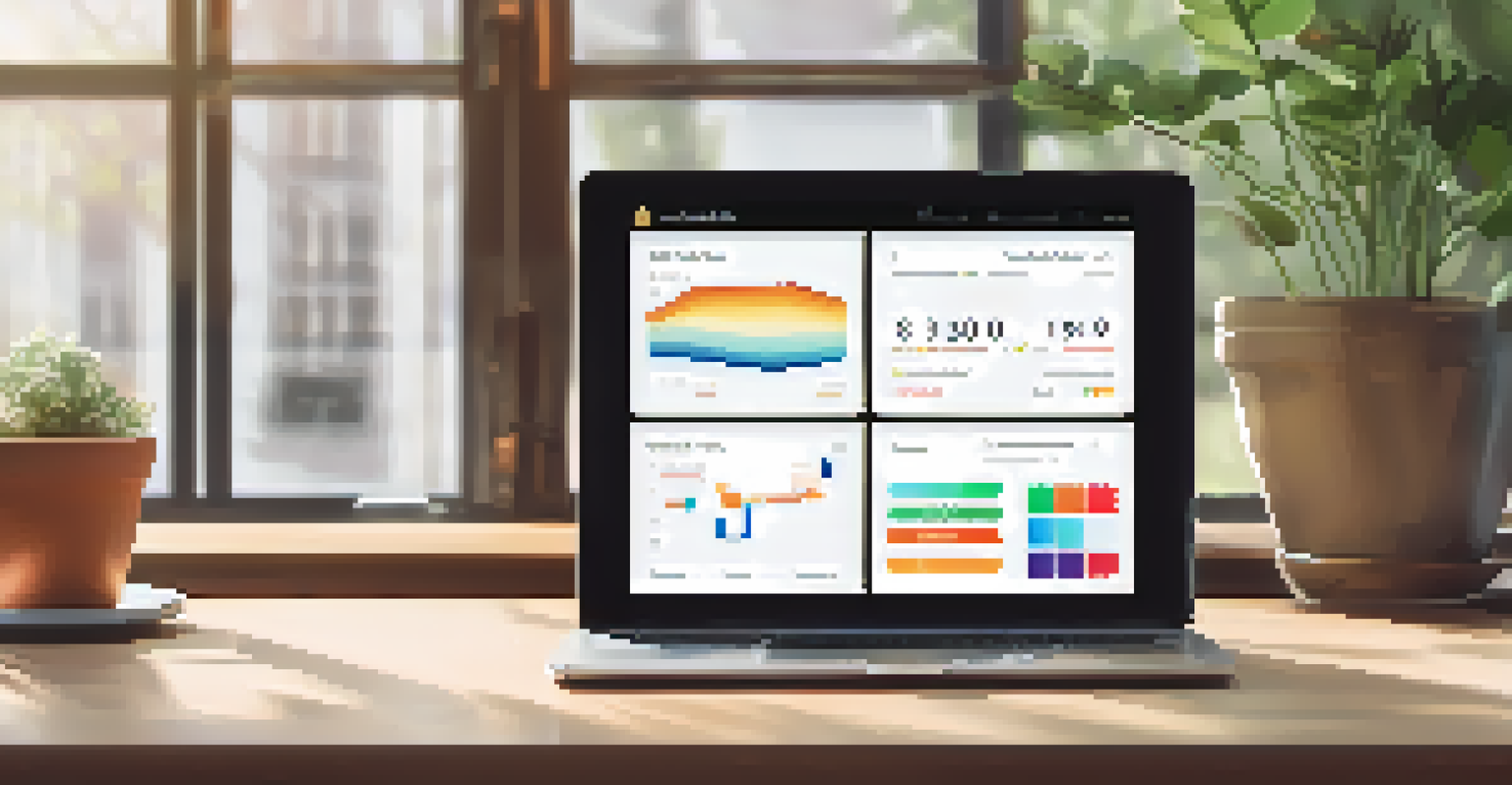 A laptop screen displaying a software wallet interface with a colorful dashboard, surrounded by a cozy home office setting.