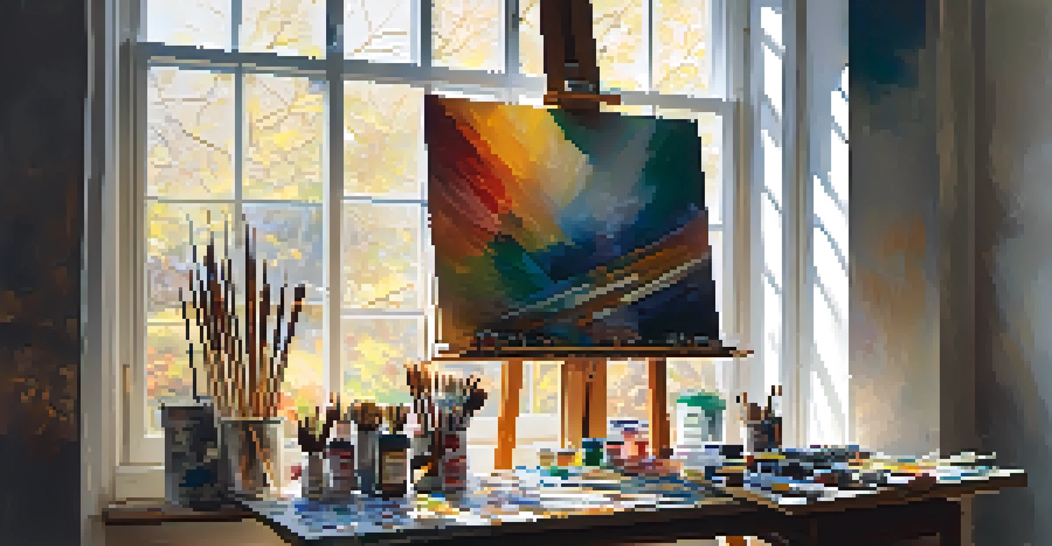 An artist's workspace with canvases, paints, and sunlight streaming through a window.